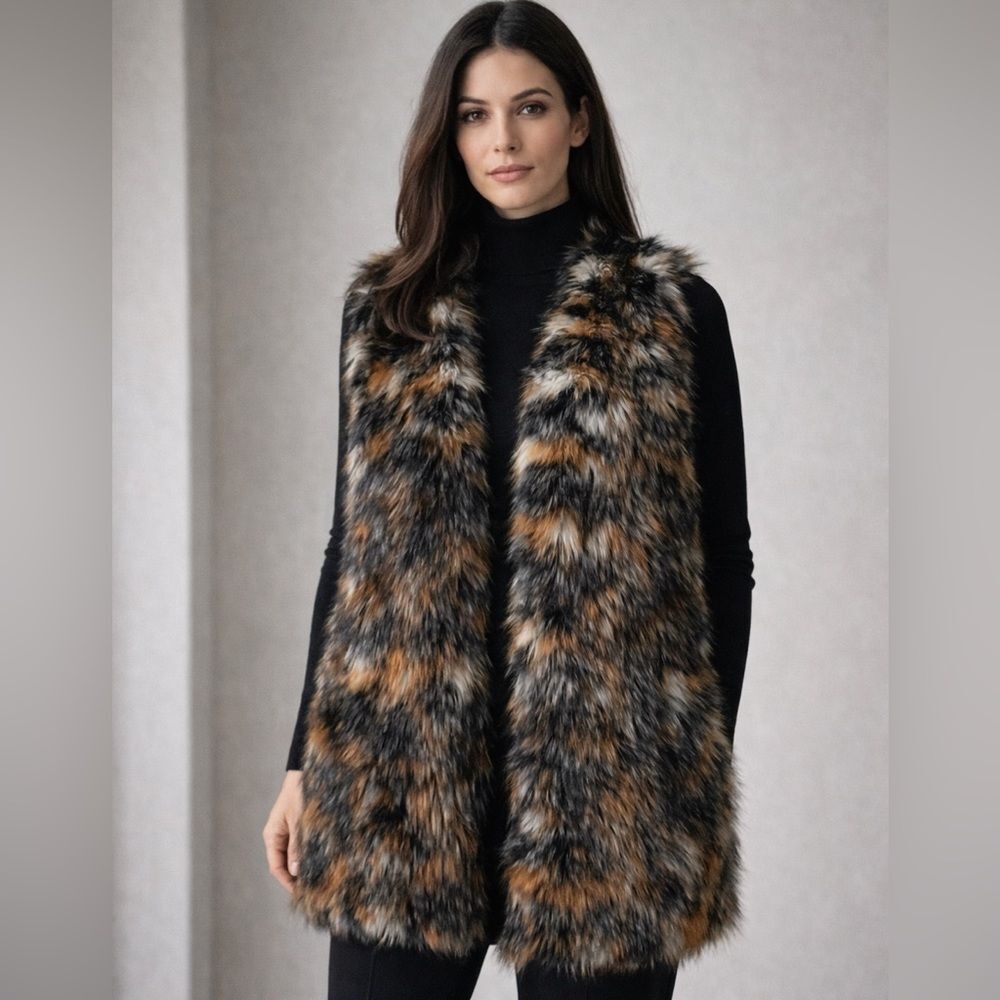 Akira Chicago black label luxury faux fur Fox long sleeveless lined vest OS